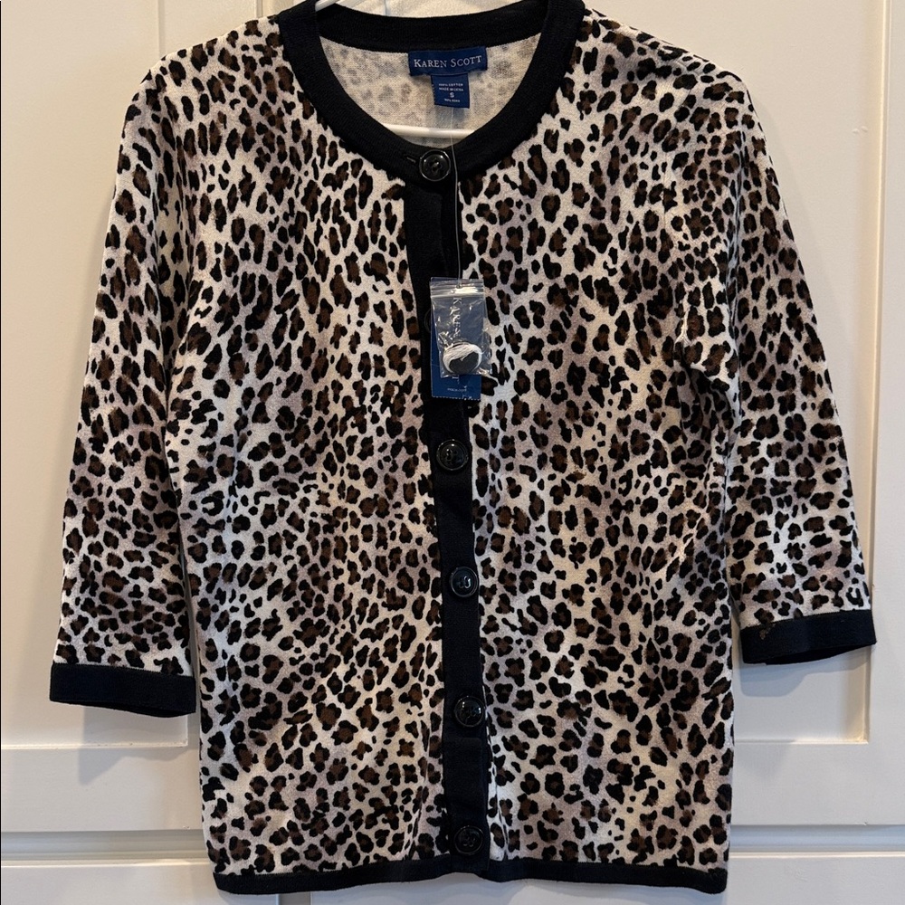 NWT Women Sz small Karen Scott button up animal print cardigan outlined in black